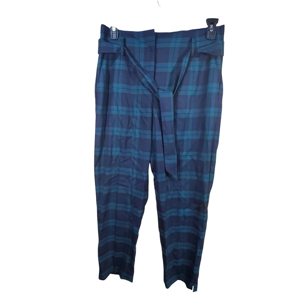 Talbots Black Watch Plaid Wool Blend Tie Waist Tapered Pants Size 8 Navy Green